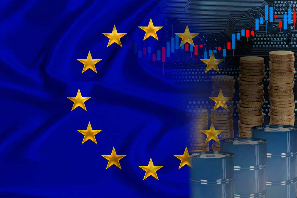 vlajka EU, barely ropy, kovové mince, koncept růst ekonomik v eurozóně