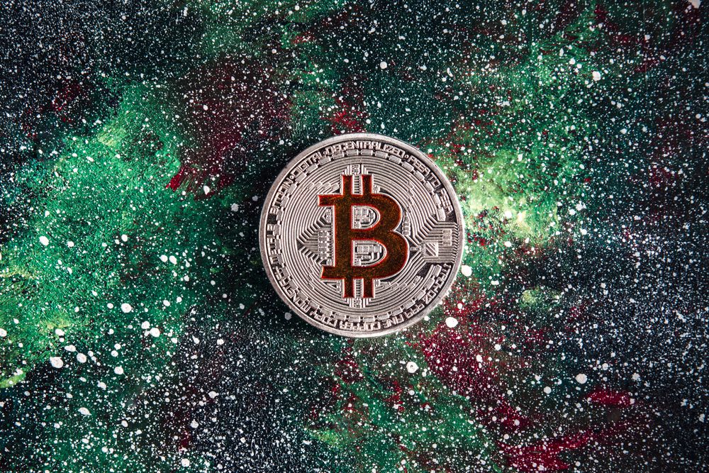 Bitcoinu a vesmír, koncept rostoucí hodnoty této kryptoměny