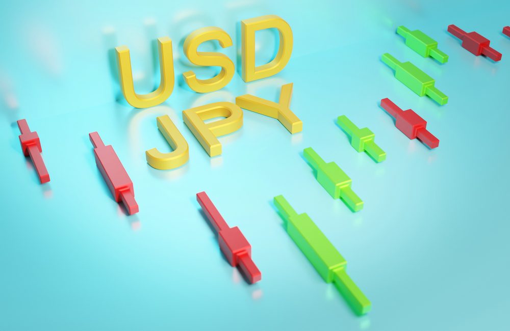 Americký dolar a japonský jen. Měnový pár na modrém pozadí, svíčkové grafy.