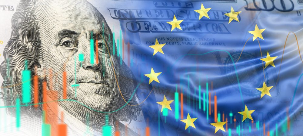 Vlajka Evropské unie a americký dolar, koncept posilování akcií na těchto akciových trzích