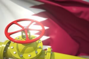 Ventil plynovodu nebo a katarská vlajka, koncept zásoby plynu z Kataru