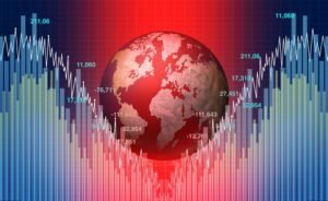 Planeta Země na akciovém grafu, koncept globální ekonomické recese